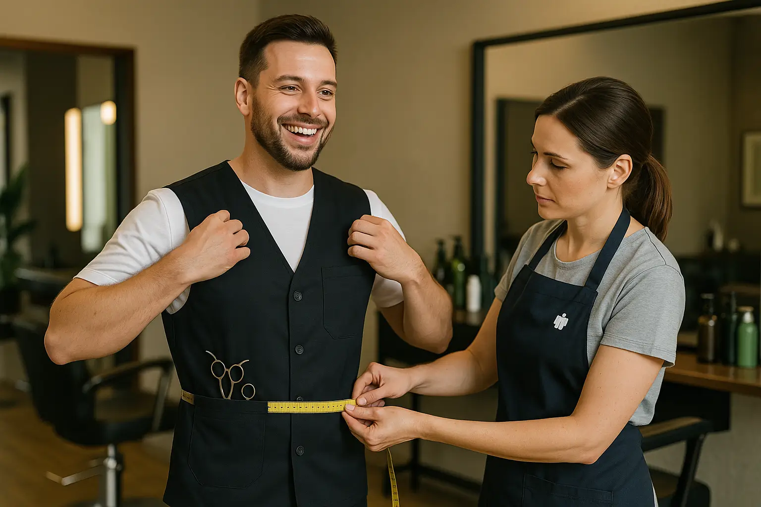 швея снимает мерки с парикмахера