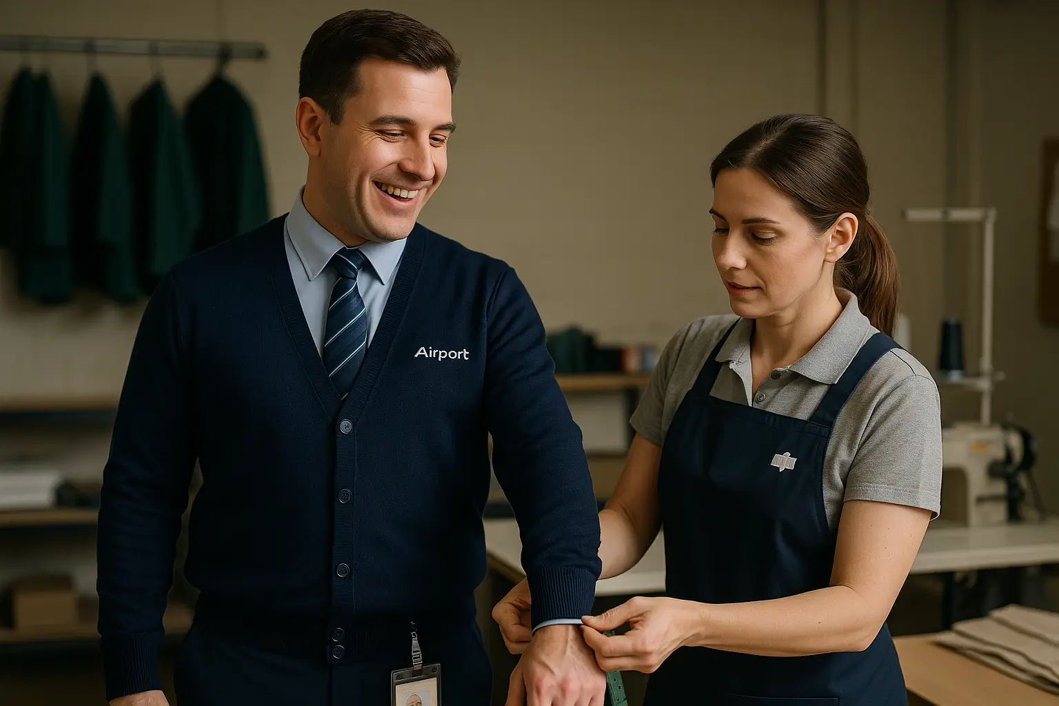 швея проверяет форму сотрудника аэропорта