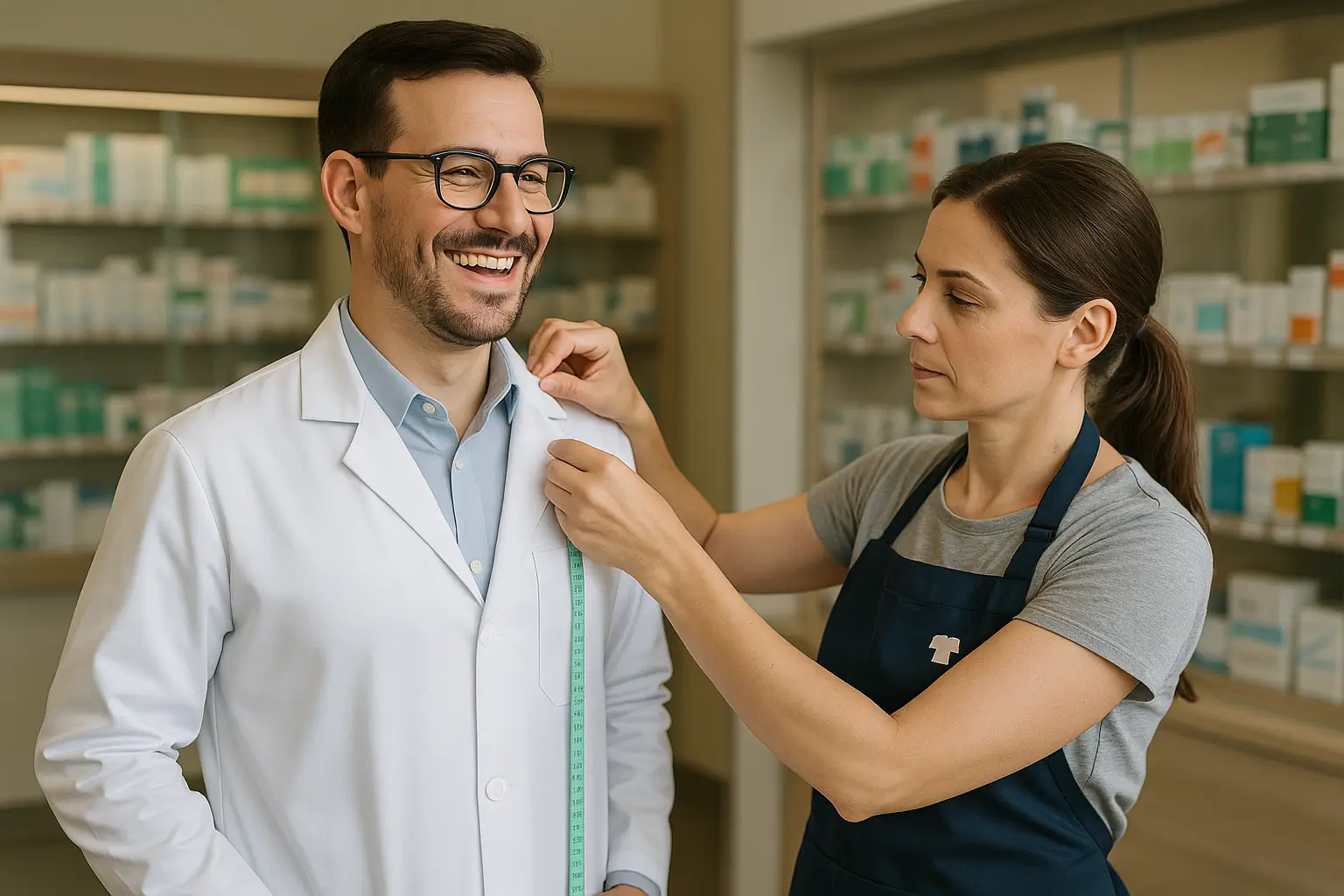 швея проверяет медицинский халат фармацевта