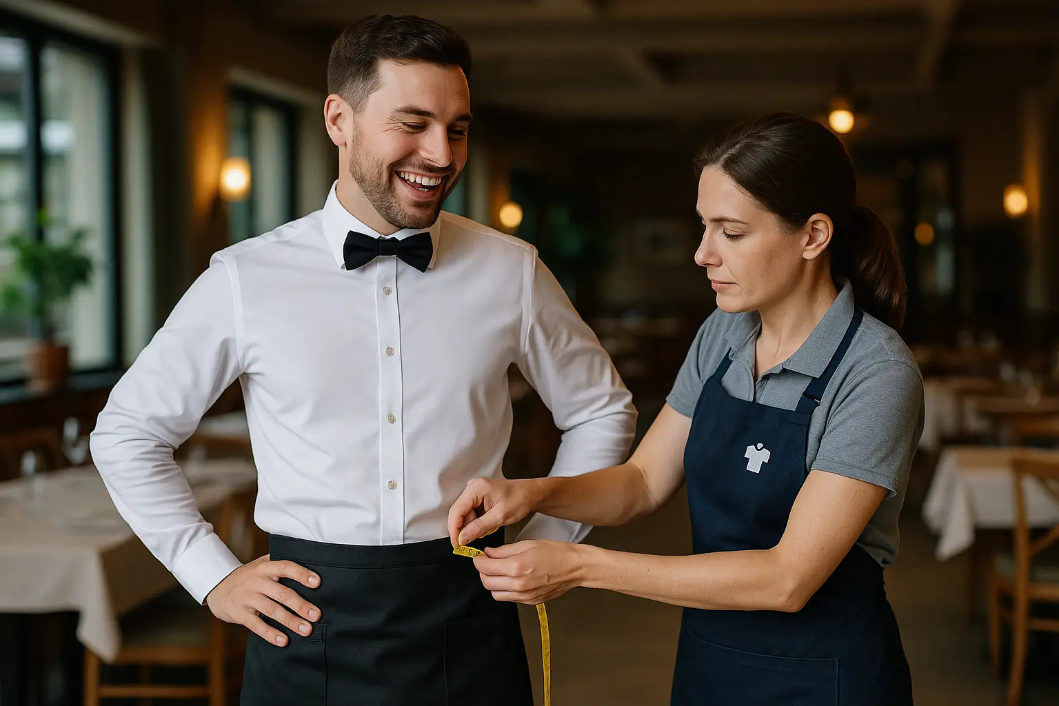 швея снимает мерки с официанта в ресторане