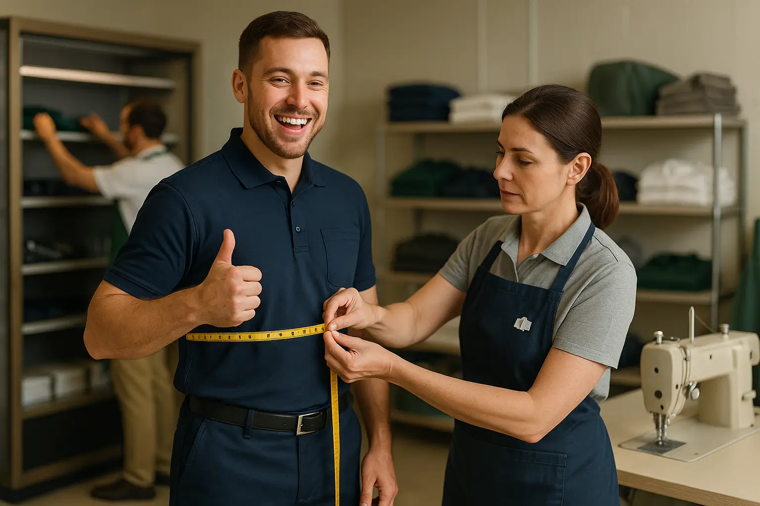 швея корректирует униформу продавца у витрины