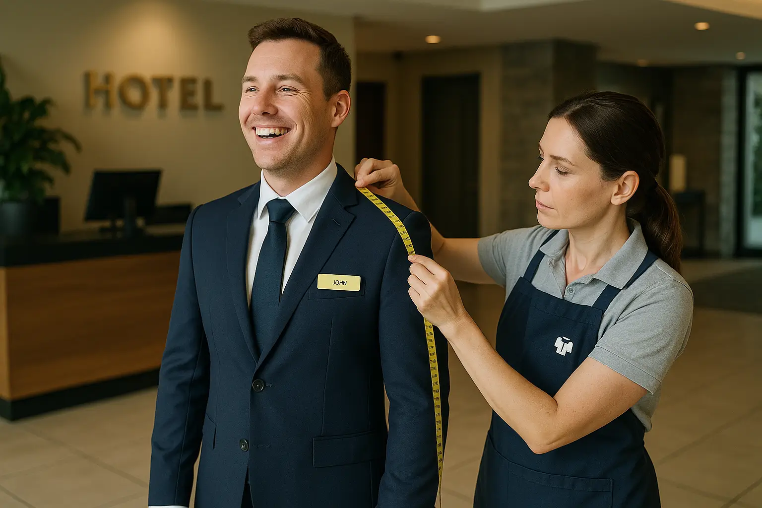 швея снимает мерки с администратора отеля