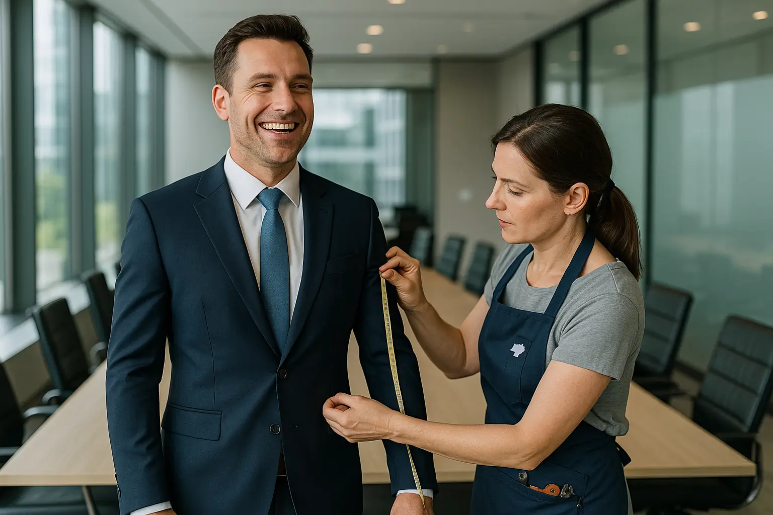 швея измеряет офисный костюм сотрудника в переговорной
